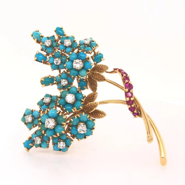 French Made Turquoise Diamond & Ruby Floral Brooch 18k