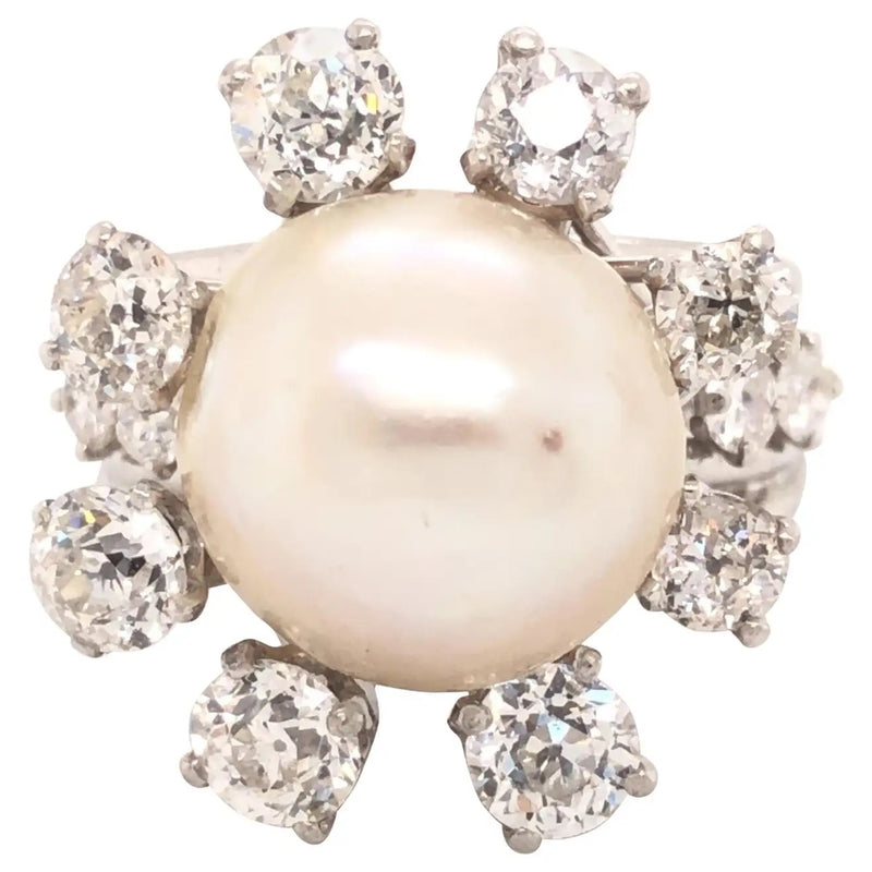 Art Deco Saltwater Pearl & Diamond Platinum Cocktail Ring