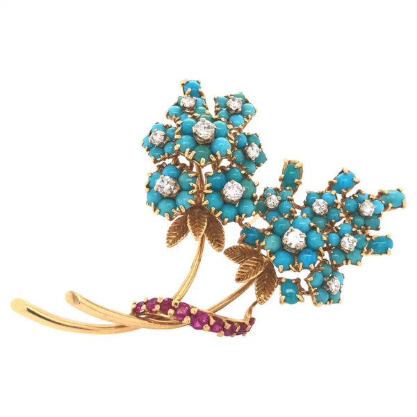 French Made Turquoise Diamond & Ruby Floral Brooch 18k