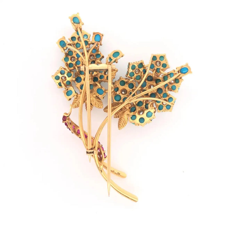 French Made Turquoise Diamond & Ruby Floral Brooch 18k