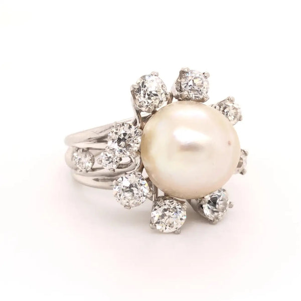 Art Deco Saltwater Pearl & Diamond Platinum Cocktail Ring