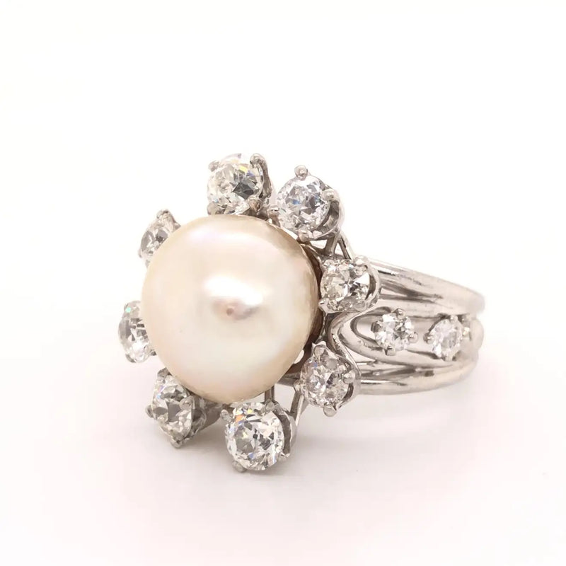 Art Deco Saltwater Pearl & Diamond Platinum Cocktail Ring