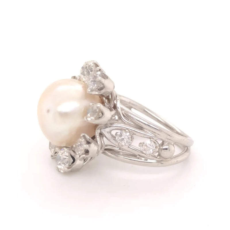 Art Deco Saltwater Pearl & Diamond Platinum Cocktail Ring