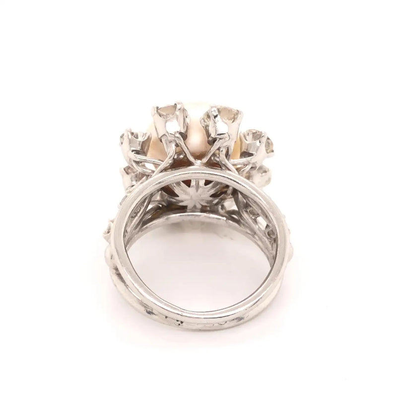 Art Deco Saltwater Pearl & Diamond Platinum Cocktail Ring