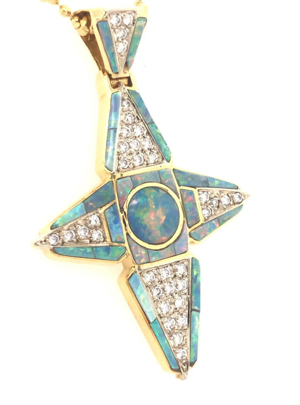 Black Opal & Diamond 18k Yellow Gold Cross Pendant & Necklace