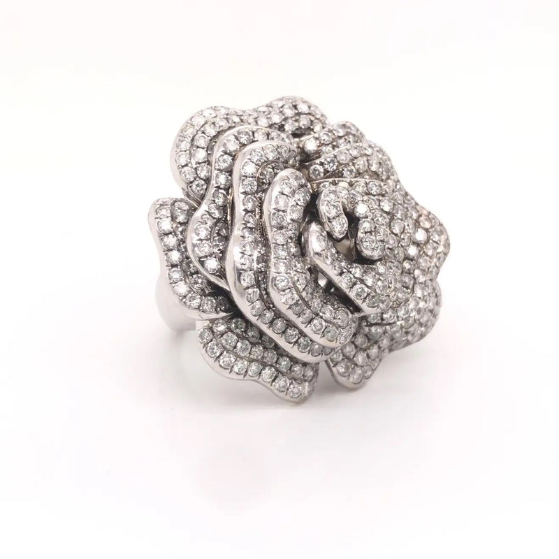 Rose Flower Diamond Cocktail Ring 18k White Gold