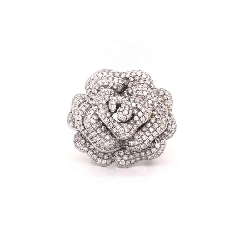 Rose Flower Diamond Cocktail Ring 18k White Gold